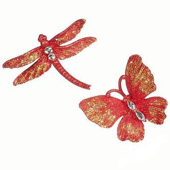 Украшение елочное Бабочка/Стрекоза со страз красн/ золот10 см