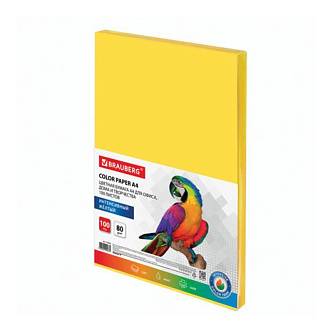 Бумага цветная BRAUBERG, А4, 80 г/м2, 100л, интенсив, желтая