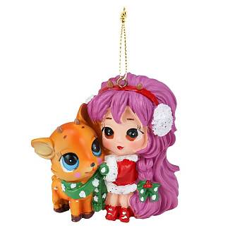 Украшение елочное Аниме девочка с олененком, 8.5*7см полирез
