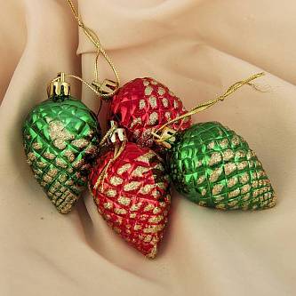 Набор украшений "Шишка с золотинкой" 4шт 5х4 см красный, зелёный
