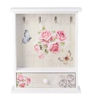 Ключница, 26,5x7x30см, цветы, полуоткрытая, с ящиком, белая