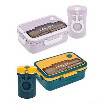 Ланч-бокс с двумя отдел.+чашка д/супа,прибор. в ассорт.,1000+330