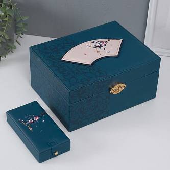 Шкатулка кожзам д/украшений сундук"Кулон на сакуре.Узоры" синяя"