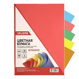 Бумага цветная А4, 80 г/кв.м, 20л, 5 цв, интенсив
