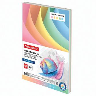 Бумага цветная BRAUBERG, А4, 80 г/м2, 100л, 5цв*20л, пастель