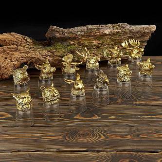 Набор 12 стопок-переверт. "Охотник" 50мл 24K Goldplated