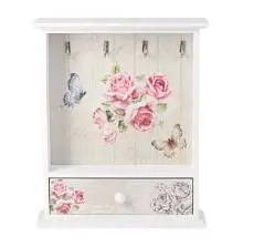 Ключница, 26,5x7x30см, цветы, полуоткрытая, с ящиком, белая, фото №1