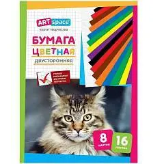Бумага цветная 2х стор газетная скоба А4 16л 8цв Кот ArtSpace, фото №1