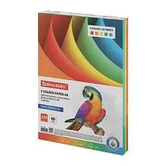 Бумага цветная BRAUBERG, А4, 80 г/м2, 100л, 5цв*20л, интенсив, фото №1