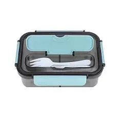 Ланч-бокс с двумя отдел+вилка,ложка Время обеда 1100мл голубой, фото №1