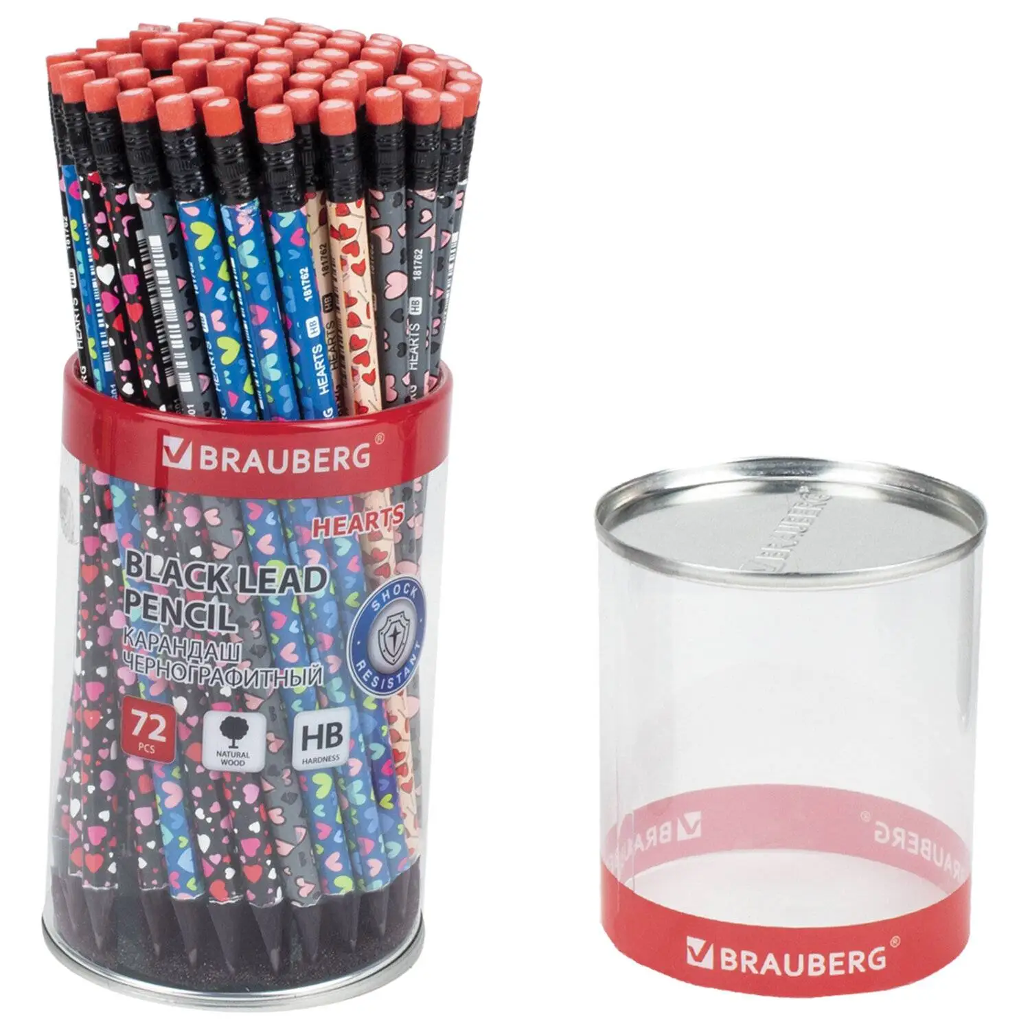 Карандаш чернографитный BRAUBERG "HEARTS" с ластиком, ассорти, фото №1