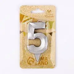 Свеча в торт «Цифра 5», серебряная, 6.5 см, фото №1