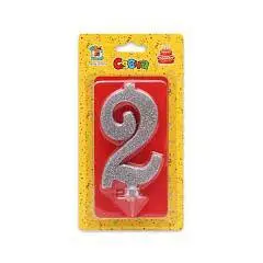 Свеча для торта Серебряный глиттер (малая) Цифра 2, фото №1