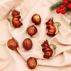 Набор елочных украшений "Белочки и орешки" 8шт кор пластик, фото №1