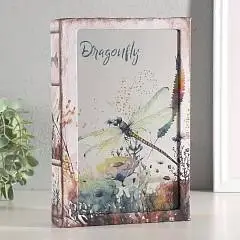Сейф-книга дерево, кожзам, зеркало "Стрекоза и цветы" 24х16х5 см, фото №1