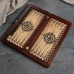 Нарды резные "Роза ветров" бук, патина, мини 35х22, фото №1