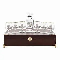 Набор д/коньяка "Герб" 6 бокалов/штоф в чемодане, фото №1
