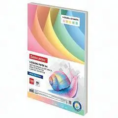 Бумага цветная BRAUBERG, А4, 80 г/м2, 100л, 5цв*20л, пастель, фото №1