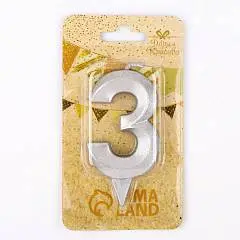 Свеча в торт «Цифра 3», серебряная, 6.5 см, фото №1