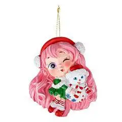 Украшение елочное Аниме девочка со снеговичком, 6,5см полирез, фото №1