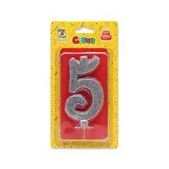 Свеча для торта Серебряный глиттер (малая) Цифра 5, фото №1