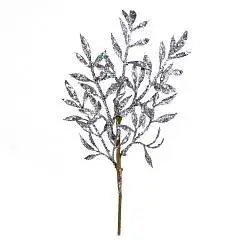 Ветка с листьями с глиттером, 26см, серебряный, фото №1