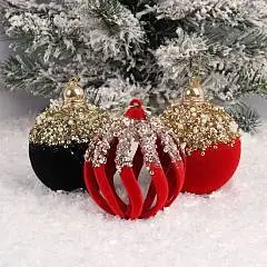 Украшение Шар Монарх 8см пластик флок  ассорти 3 вида, фото №1