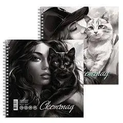 Скетчпад квадрат 195*195мм 80л Девушка с котом 100г греб, фото №1