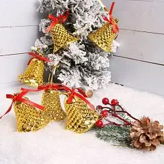 Набор елочных украшений Колокольчики 4,5см 6шт пластик золото, фото №1