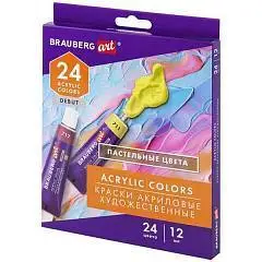 Краски акрил худ 24цв 12мл Пастельные туба BRAUBERG ART "DEBUT", фото №1