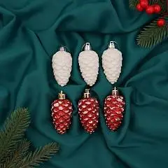 Набор украшений  Шишки классик 6 шт 7,5х3,5 см, красн белый, фото №1