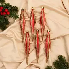 Набор украшений Сосулька острая в полоску 6шт 3х18 см, красный, фото №1