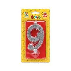 Свеча для торта Серебряный глиттер (малая) Цифра 9, фото №1