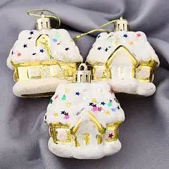 Украшение ёлочное "Домик со звёздами" 3 шт 5,5х5 см, белый, фото №1