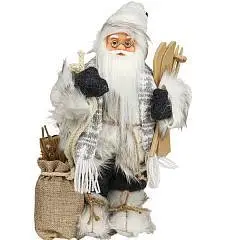 Сувенир Дед Мороз в серой шубе с белым мехом и лыжами, 35см, фото №1