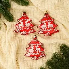 Набор украшений пластик 3шт "Ёлочки с оленями" 7х9 см, красный, фото №1