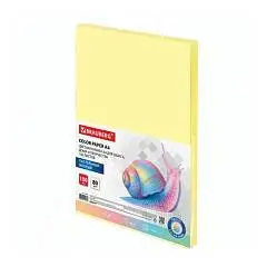 Бумага цветная BRAUBERG, А4, 80 г/м2, 100л, пастель, желтая, фото №1