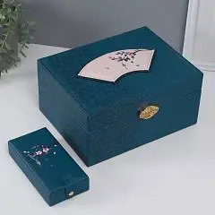 Шкатулка кожзам д/украшений сундук"Кулон на сакуре.Узоры" синяя", фото №1