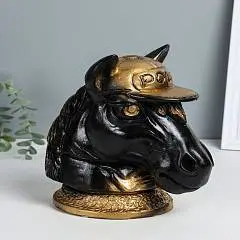 Копилка бюст конь в кепке гипс 26*14.5*21.5см чёрн с золотом, фото №1