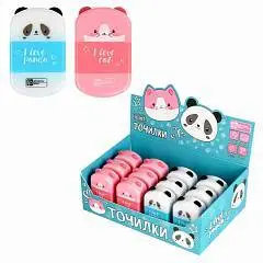 Точилка с ластиком "КОТ И ПАНДА" 1отв, с контейнером, ассорти, фото №1