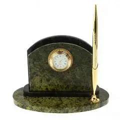 Визитница камень с часами и ручкой змеевик, фото №1