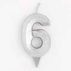 Свеча в торт «Цифра 6», серебряная, 6.5 см, фото №1