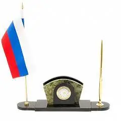 Визитница камень с часами и ручкой флаг России змеевик, фото №1