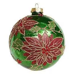Шар "Рождественский" зеленый винтаж (стекло) 10 см красн цветы, фото №1