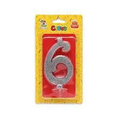 Свеча для торта Серебряный глиттер (малая) Цифра 6, фото №1