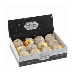 Шар елочный 8 см пластик золото с бел нап, фото №1