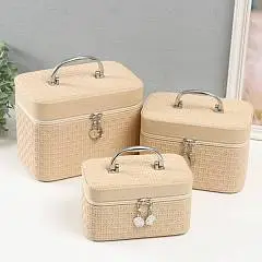 Набор шкатулок д/украшений с зеркалом вязка беж иск/кожа 3шт, фото №1