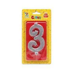 Свеча для торта Серебряный глиттер (малая) Цифра 3, фото №1