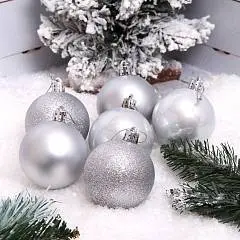 Набор шаров 6см 6шт пластик ЛЬДИНКА  серебро пакет, фото №1