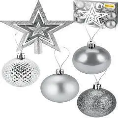 Набор ёлочных шаров 12шт 6см + верхушка на ёлку 18см серебро, фото №1